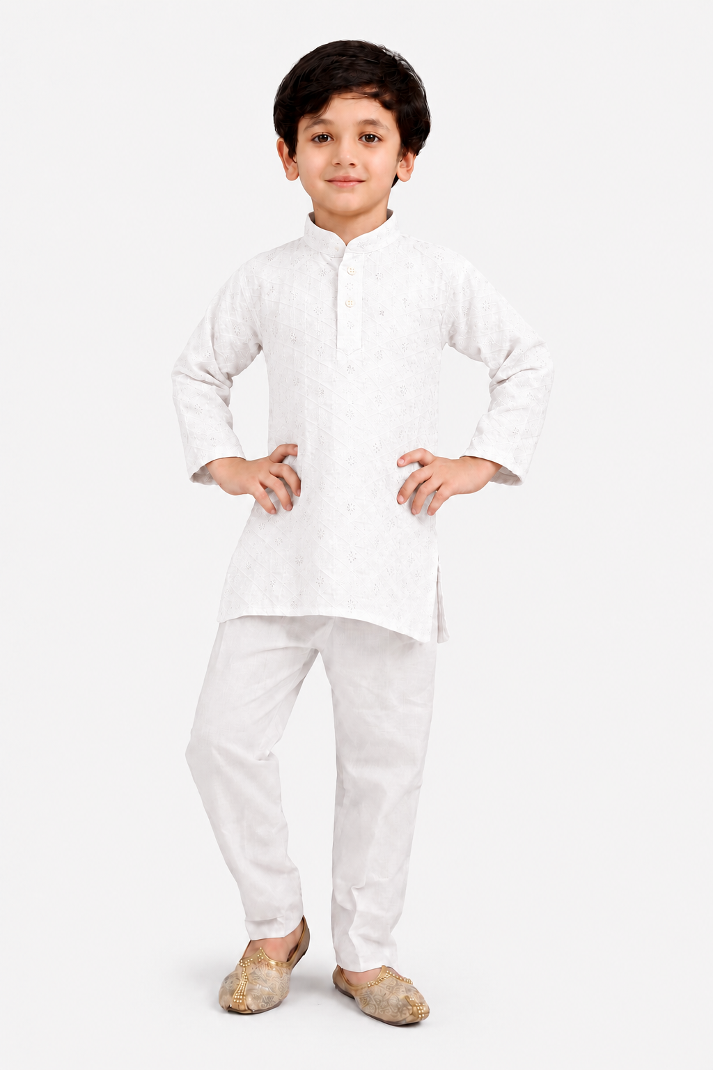 Embroidered White Kurta Pyjama For Boys