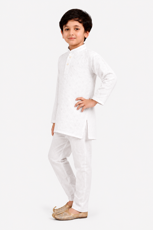 Embroidered White Kurta Pyjama For Boys