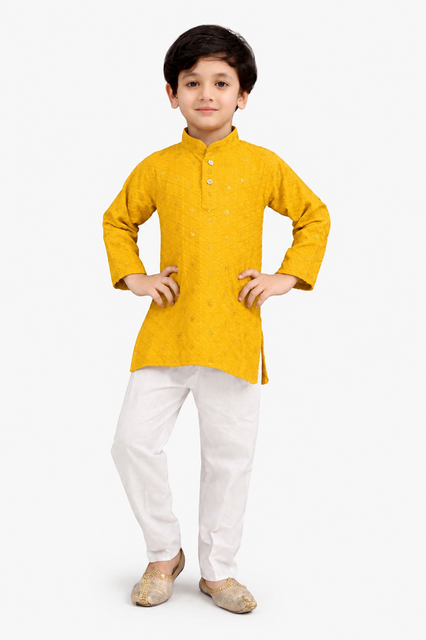 Embroidered Yellow Haldi Kurta Pyjama For Boys