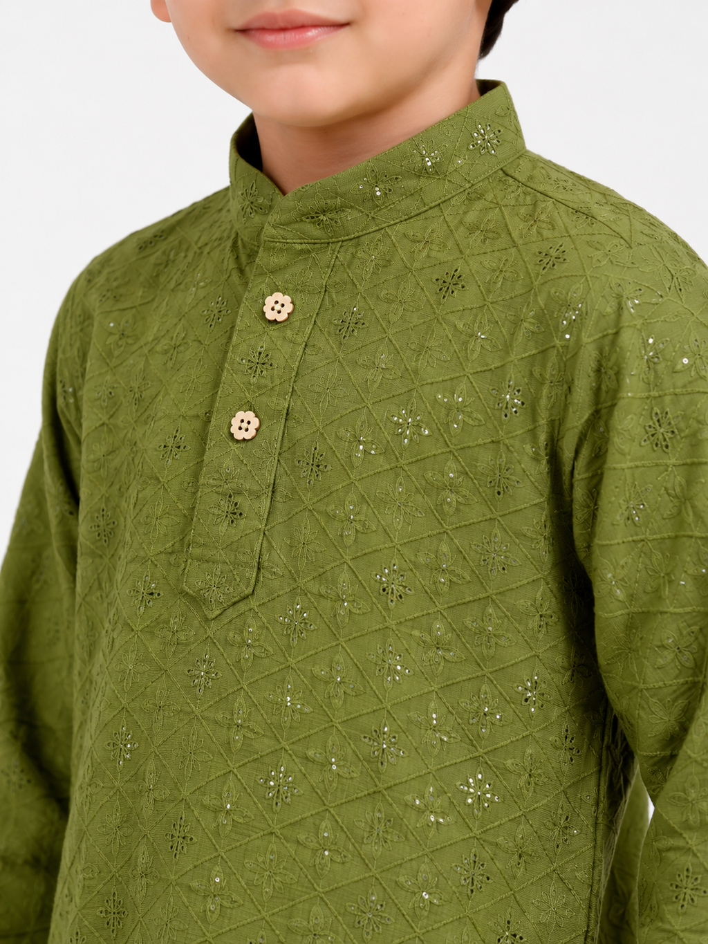 Embroidered Mehendi Kurta Pyjama For Boys