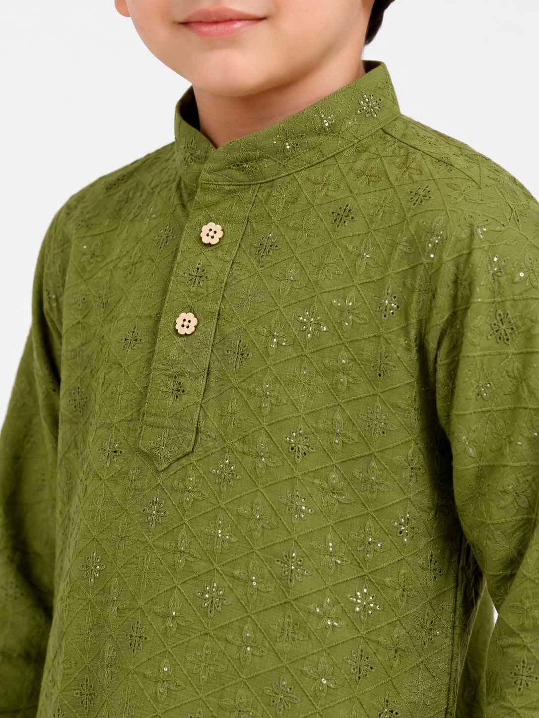 Embroidered Mehendi Kurta Pyjama For Boys