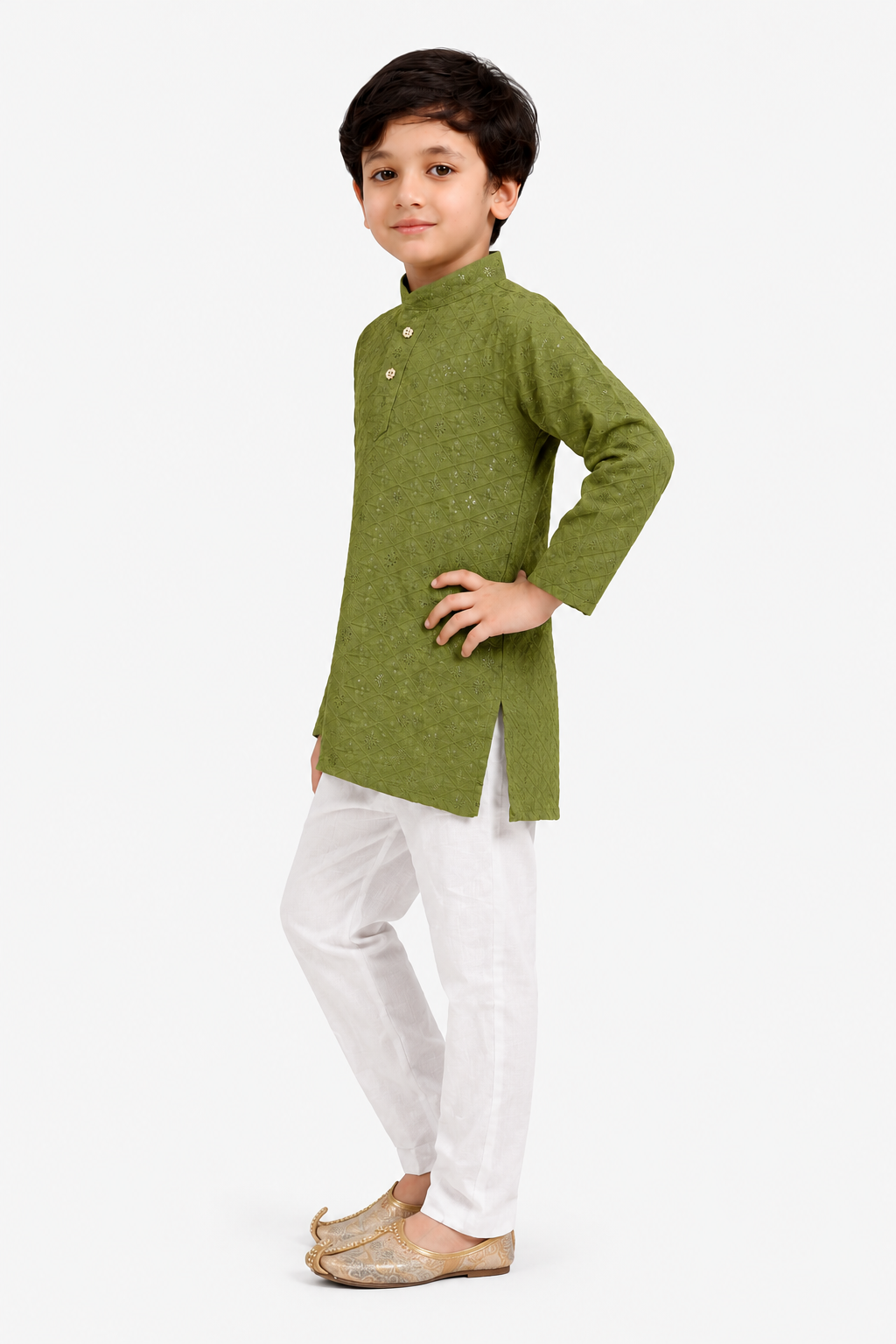 Embroidered Mehendi Kurta Pyjama For Boys
