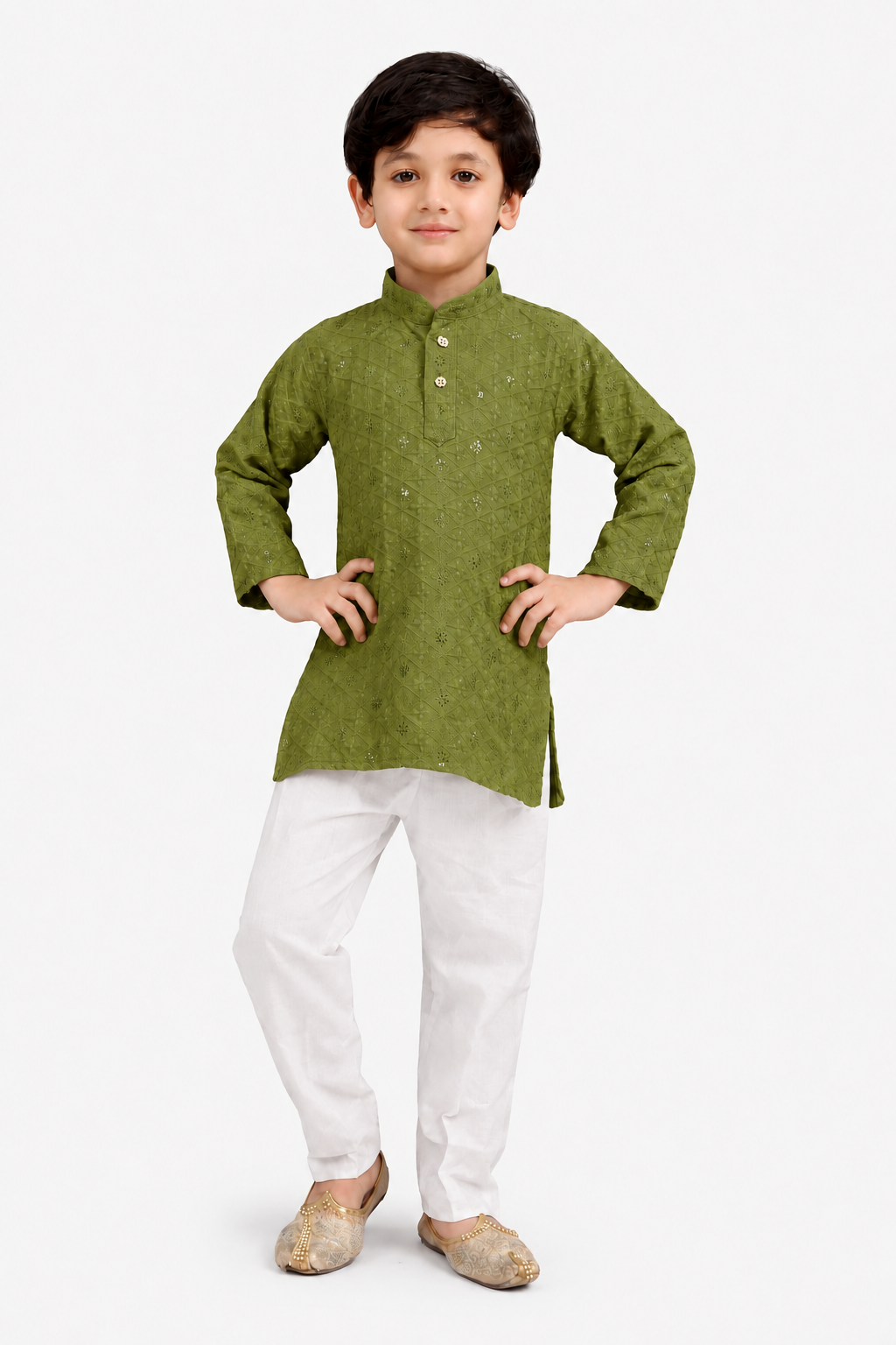 Embroidered Mehendi Kurta Pyjama For Boys